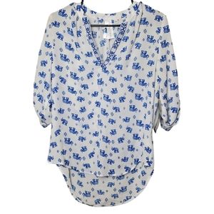 Society Girl | Embroidered Quarter Sleeve Top | Blue White Elephant Print | S